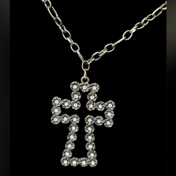 Unique Bronze Cross Pendant Necklace With Silver Crystal Accents. NWT - Picture 1 of 5